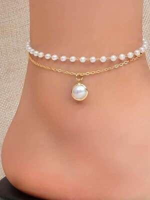 Multi-Layer Pearl Anklet | IG Style Round Alloy Beaded Plating Inlay Pearl Gold Plated Women&#39;s Anklet