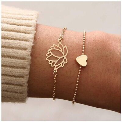 Anti Tarnish Lotus Bracelet Gold Heart Charm Bracelet | Multi Bracelet | Gold Plated Bracelet