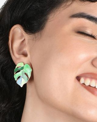 Gold-Plated Floral Enamel Fusion Stud Earrings | Leaf Earrings | Green Leaf Earrings