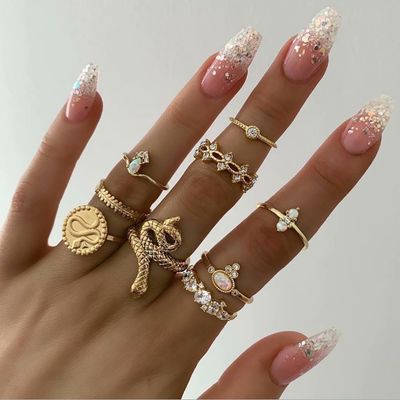 Snake, Leaf ,Round  Alloy Inlay Rhinestones Pearl Contemporary Stackable Rings Set of 9  | Set of Rings