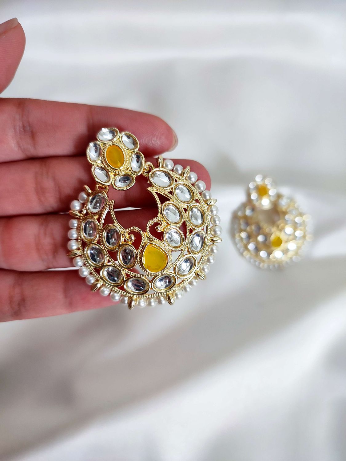 Yellow Kundan Chand Bali Earrings