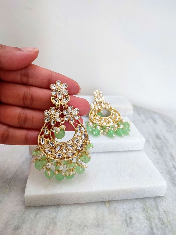 Mint Green Kundan Chandbali Earrings | Traditional Earrings