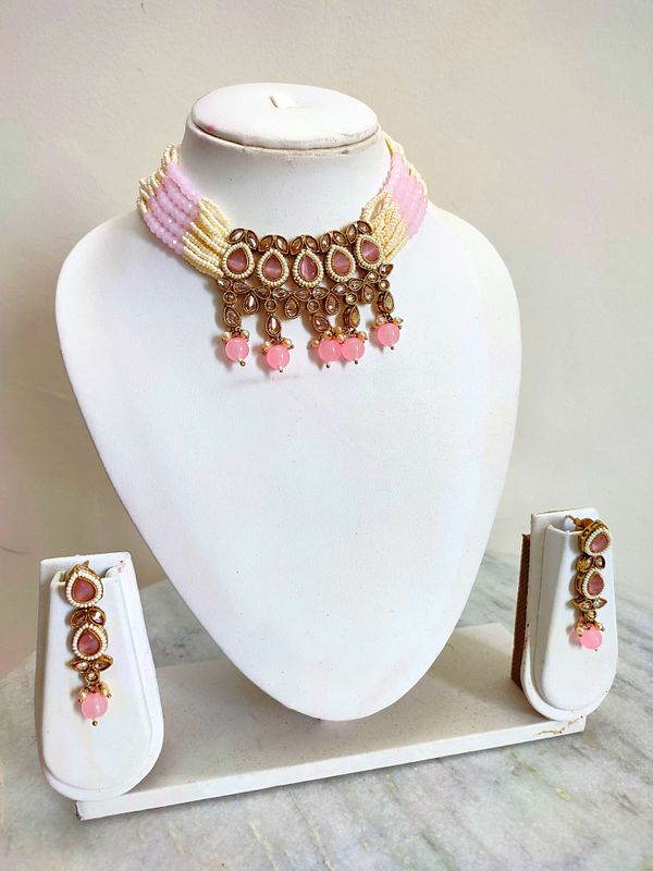 Pink Kundan Pearl Necklace | Elegant Pearl Necklace | Traditional Partywear Necklace with Earrings