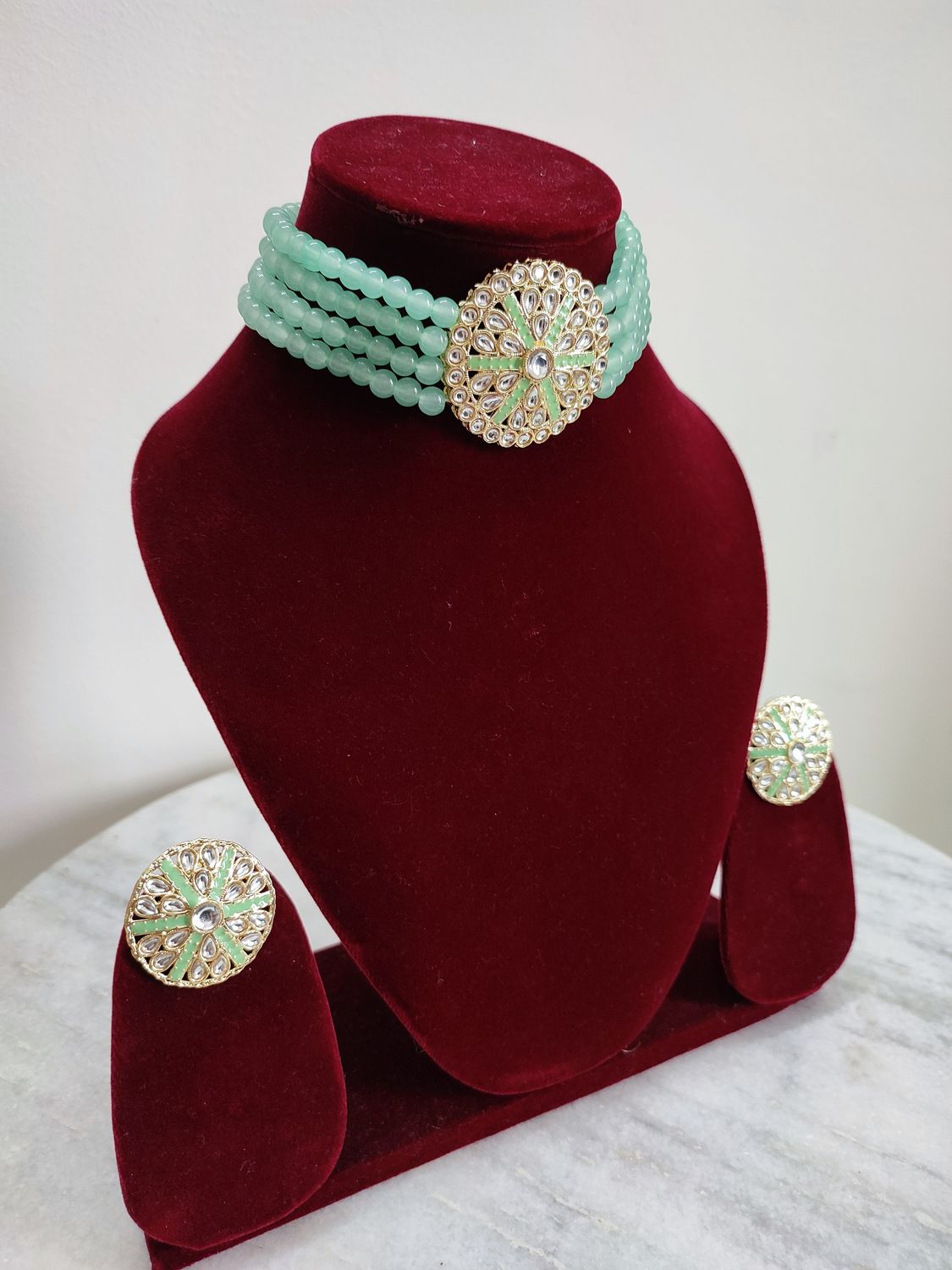 Mint Green Choker Set With Earrings