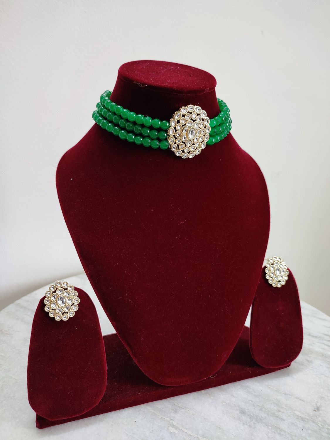 Green Kundan Choker Set With Earrings