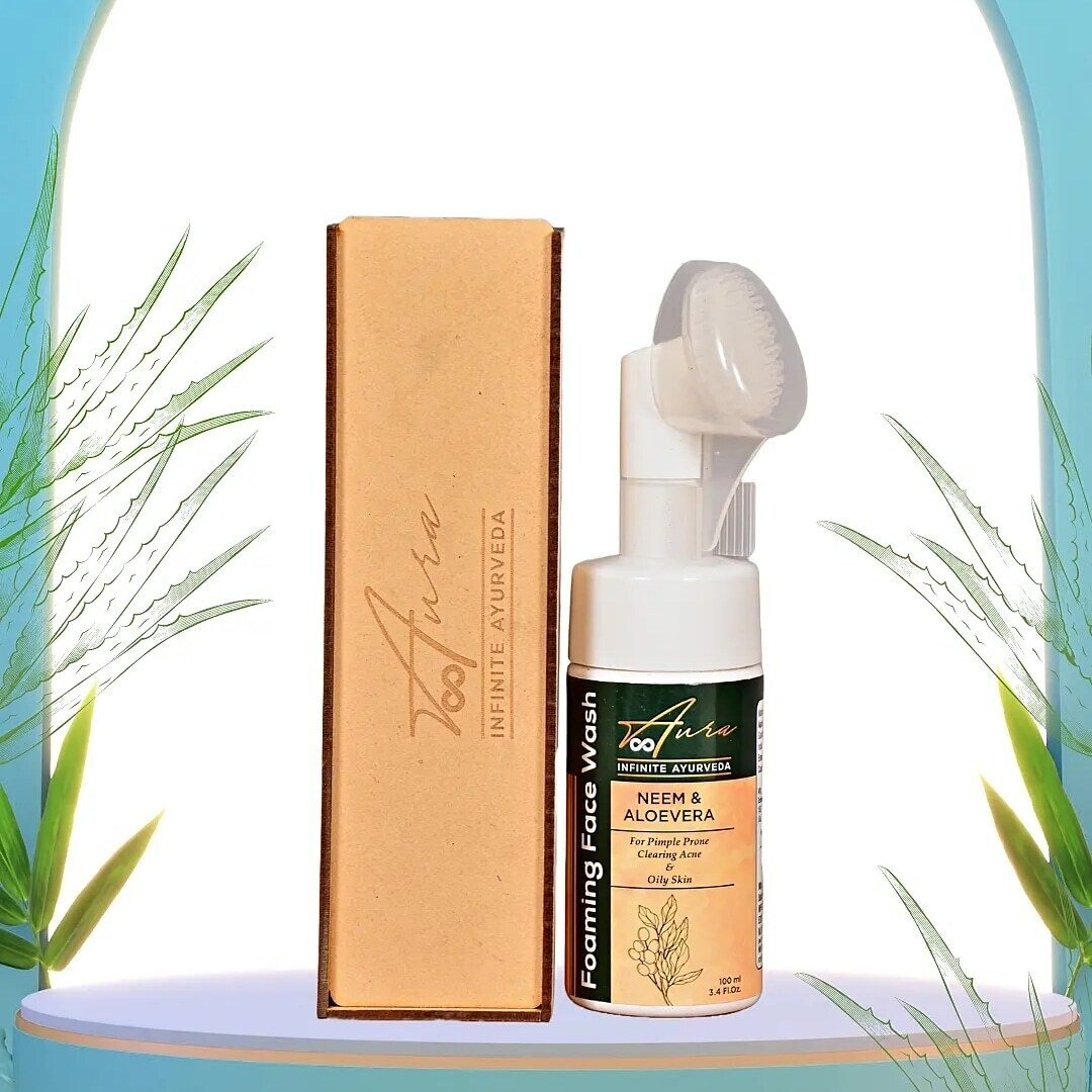 Authentic Ayurvedic Neem &amp; Aloevera Foaming Face Wash For Pimple Prone, Clearing Acne &amp; Oily Skin With Built In Brush