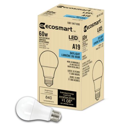 Ecosmart 60-Watt Equivalent A19 Non-Dimmable LED Light Bulb, Colour: Day Light (5000K)