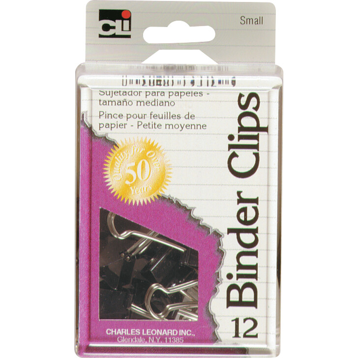 Charles Leonard Binder Clips - Black Small 12Ct Box Reusable Box