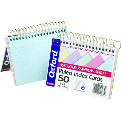 Oxford Spiral Index Cards Asst 3x5in 50Pk Pack Ruled