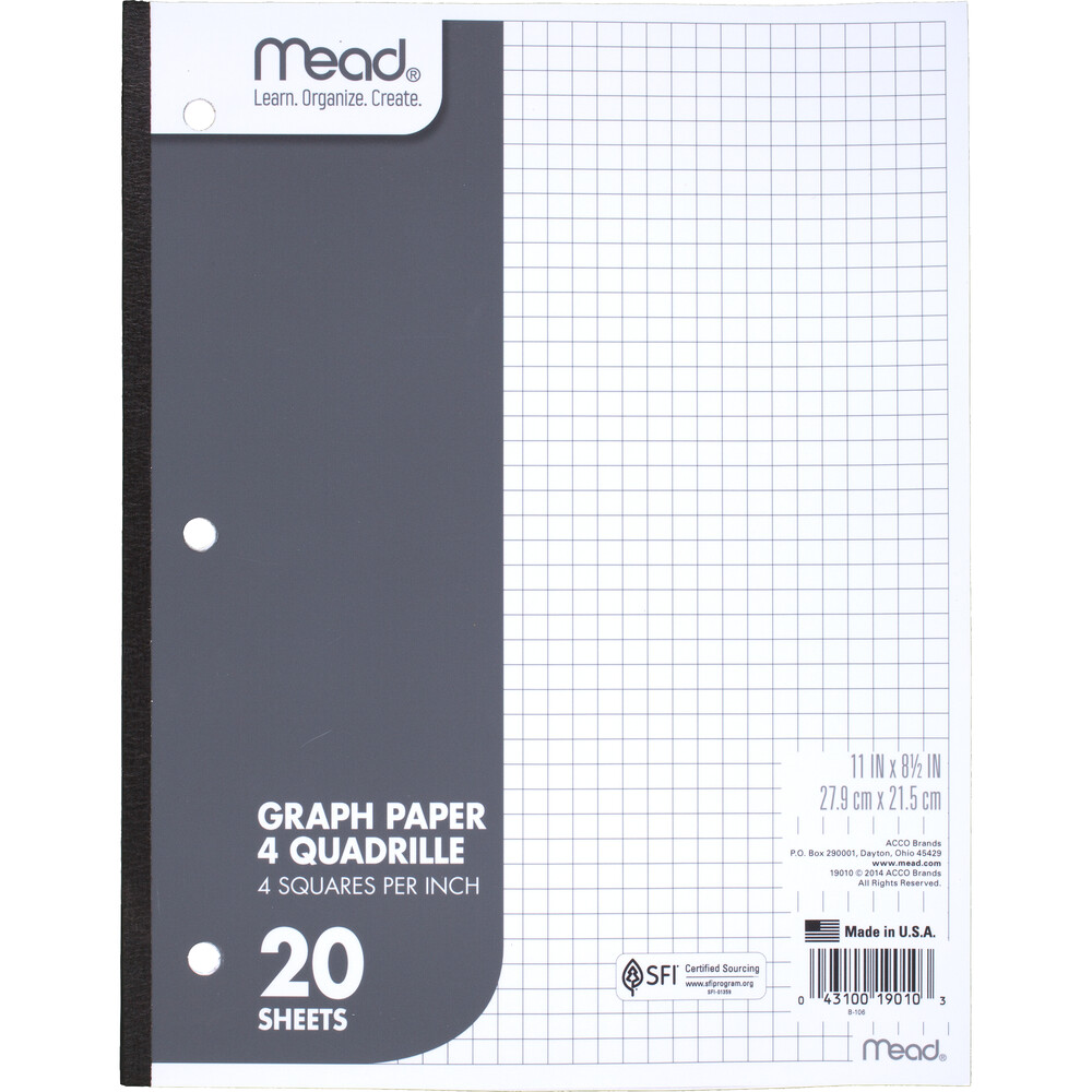 Mead Quadrille Graph Paper White 8.5x11in 20Sht Bulk 4x4 Quad