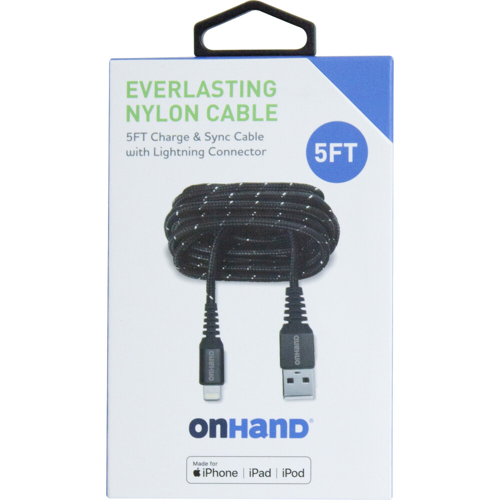 OnHand Everlasting Nylon Sync &amp; Charge Cable Black 5ft BP USBA to Lightning (MFi certified)