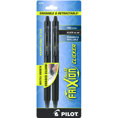 Pilot FriXion Clicker Retractable Erasable Gel Pen Black .7mm 2Pk BP