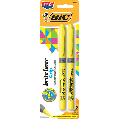 Bic Brite Liner Grip Pen Style Highlighter Yellow Chisel 2Pk BP