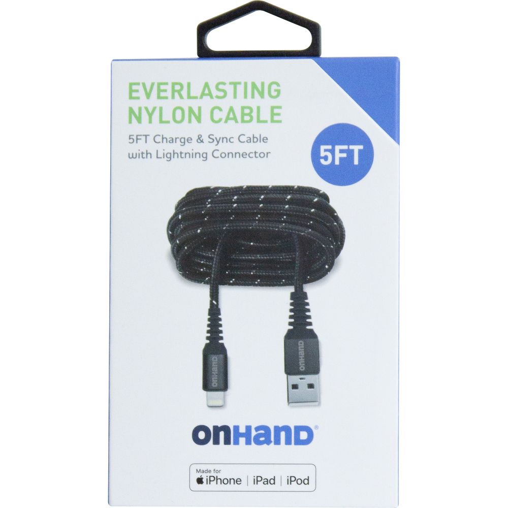 OnHand Everlasting Nylon Sync &amp; Charge Cable - Black 5ft BP USB-A to Lightning (MFi certified)