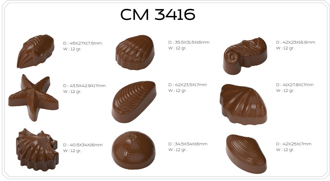 Sea shells, star fish, sea horse shapes Praline - 9 shapes