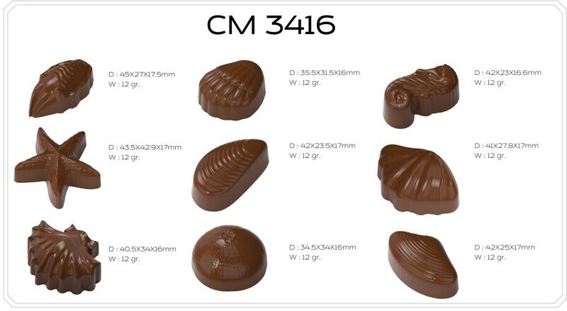 Sea shells, star fish, sea horse shapes Praline - 9 shapes
