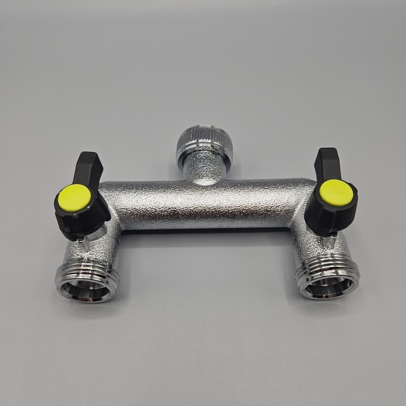 Brass 2-way manifold with 3/4" female tap connector & valved 3/4" male BSP outlets