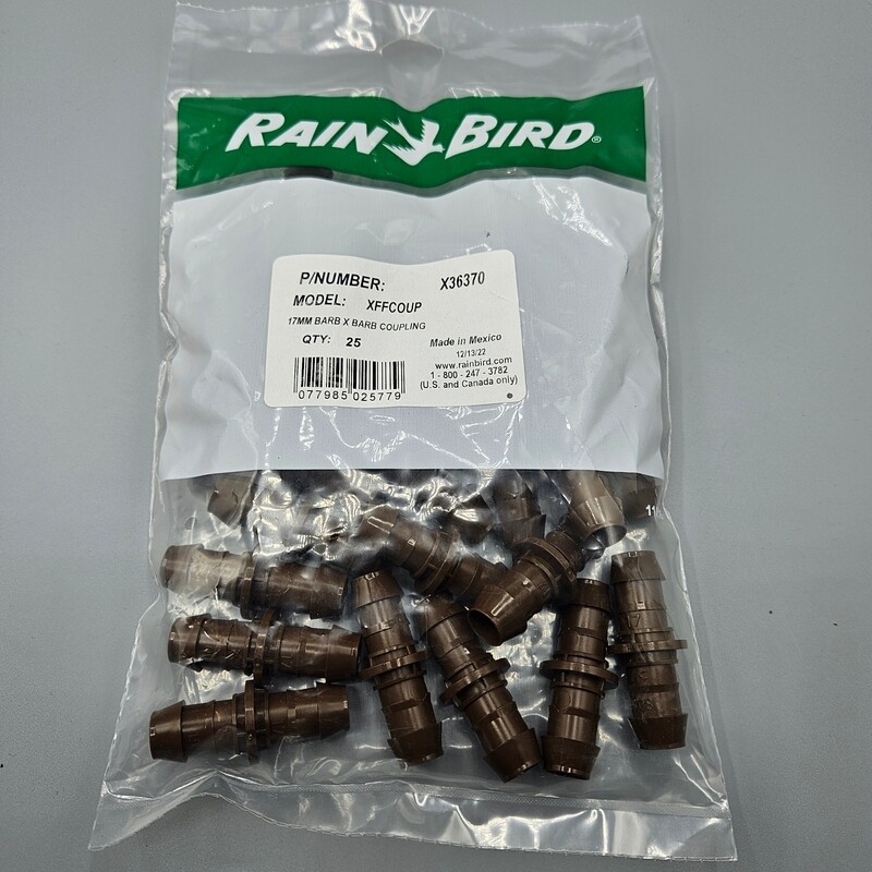 Bag of 25 - Barbed Pipe Coupler 17mm for Rain Bird XF Dripline Bag of 25 - Barbed Pipe Coupler 17mm for Rain Bird XF Dripline