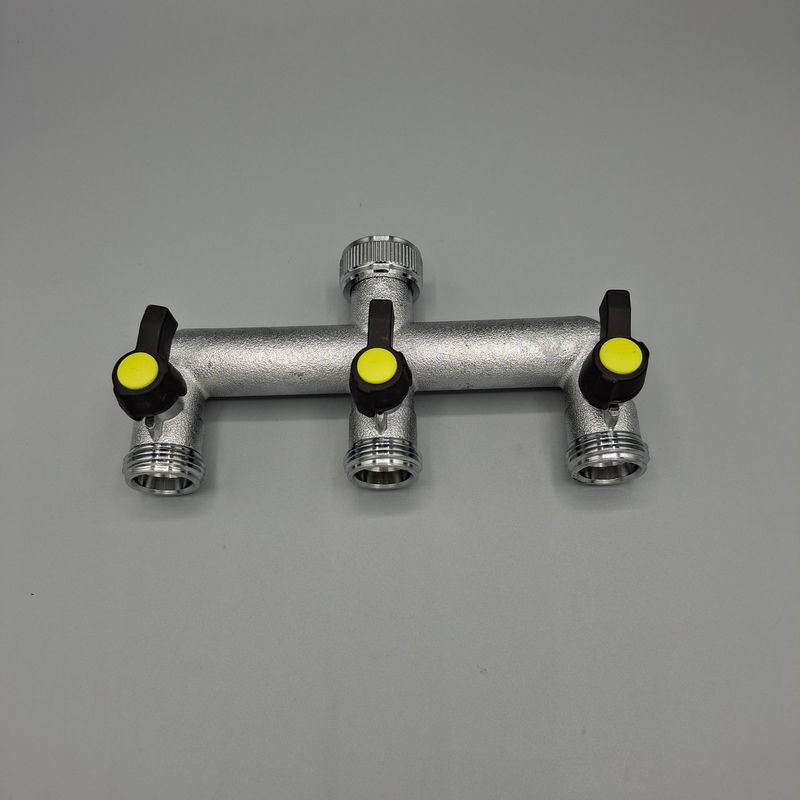 Brass 3-way manifold with 3/4" female tap connector & valved 3/4" male BSP outlets