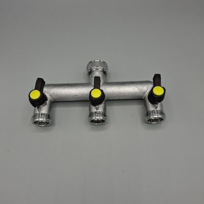 Brass 3-way manifold with 3/4" female tap connector & valved 3/4" male BSP outlets