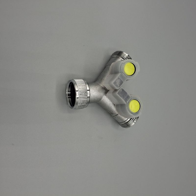 Brass 2-way Y manifold with 3/4" female tap connector & valved 3/4" male BSP outlets