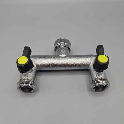 Brass 2-way manifold with 3/4" female tap connector & valved 3/4" male BSP outlets