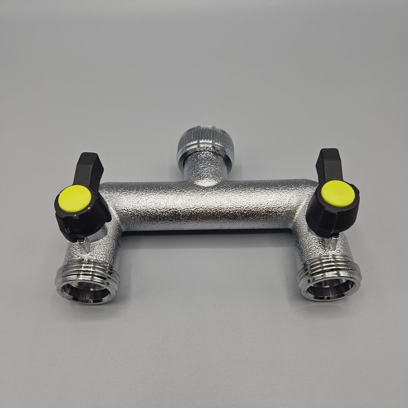 Brass 2-way manifold with 3/4" female tap connector & valved 3/4" male BSP outlets