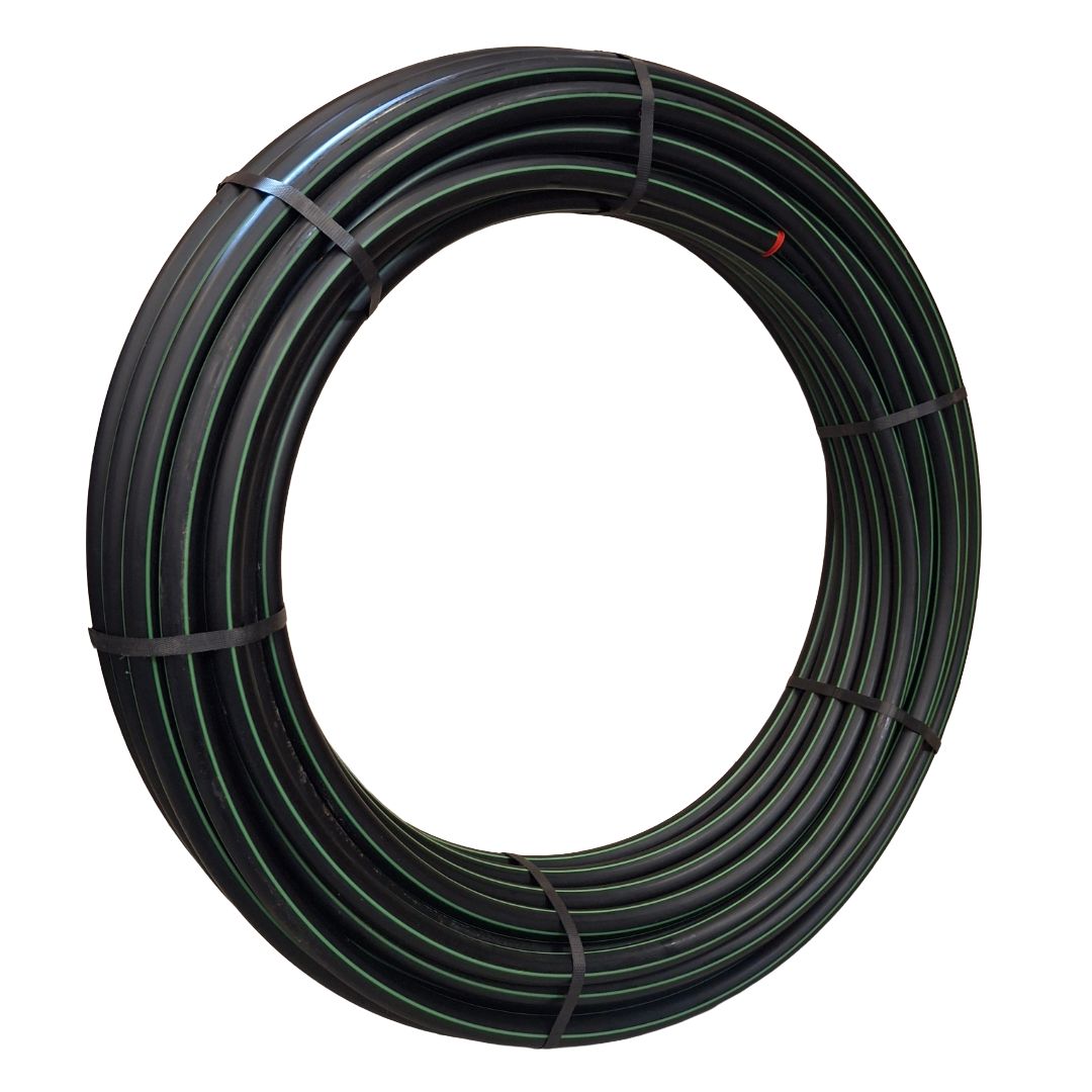 Black with Green Stripe Poly Pipe, Size and Length: 25mm x 50M PN12.5-SDR13.6