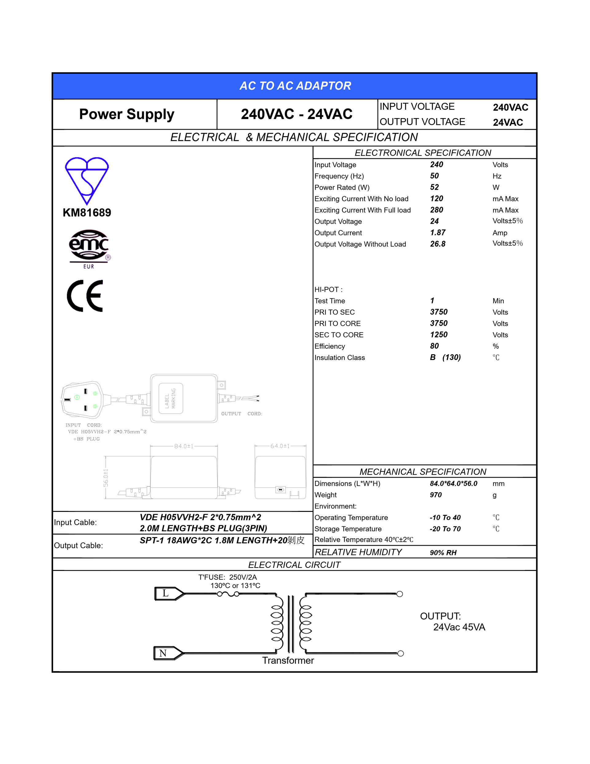 Irrigation Controller Transformer/Power Supply 240VAC to 24VAC