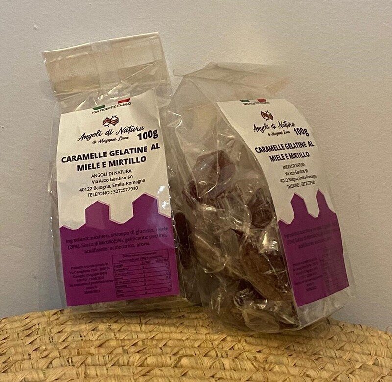 Gelatine gusto MIELE E MIRTILLO, sacchetto da 100 g