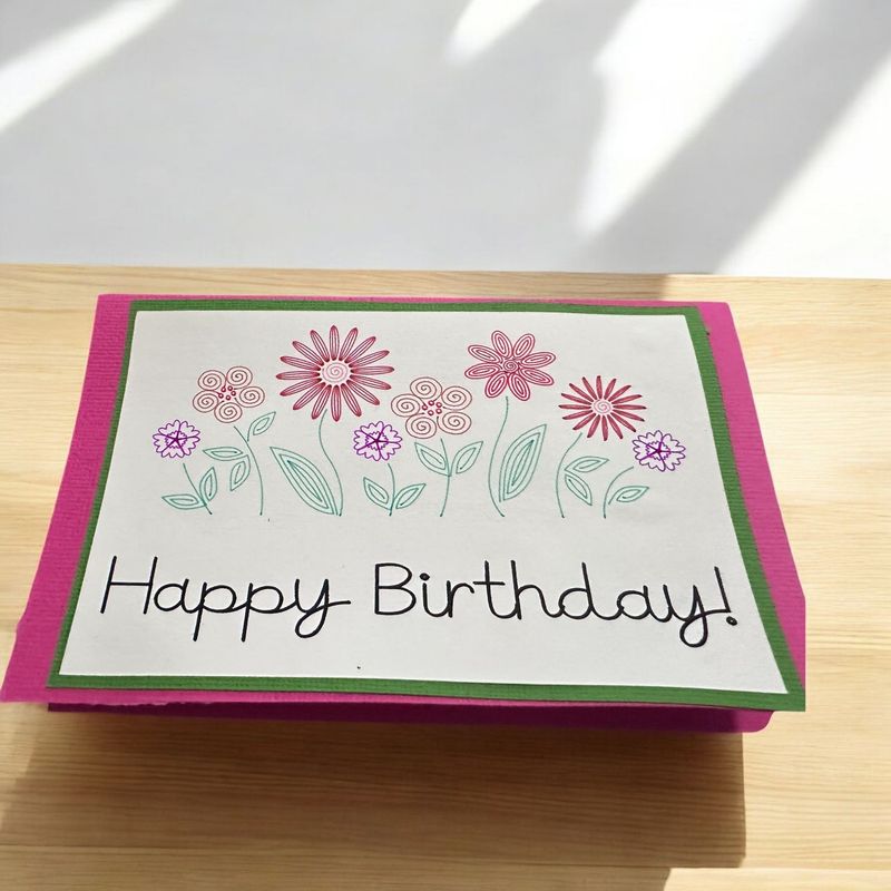 Happy Birthday Card - Pink and Green with Flowers
