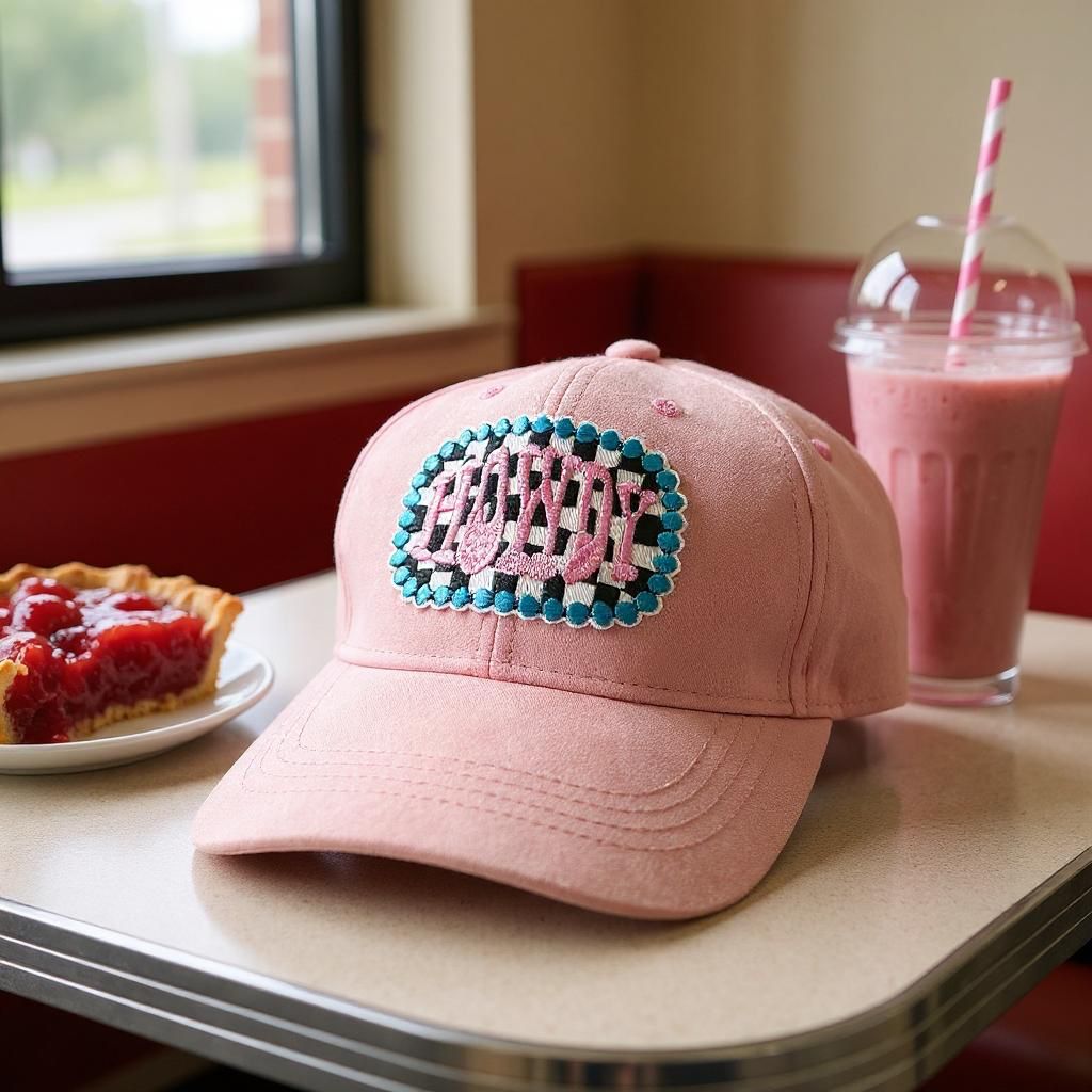 The Howdy Pink Trucker Hat with Turquoise Color Outline