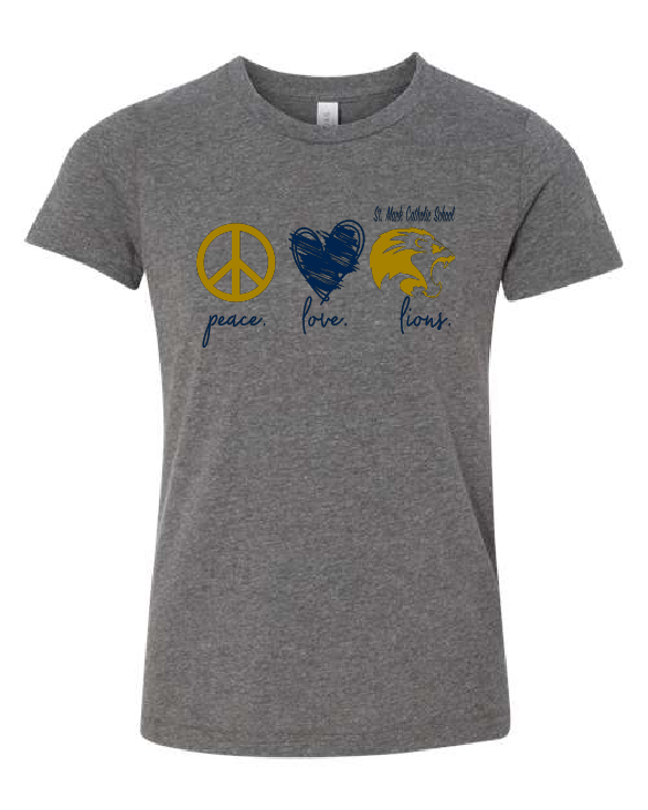 Peace Love Lions Youth Tee, Size: Small - 3001YCVC, Colour: Deep Heather, Design Color: Nvy/Gld Logo