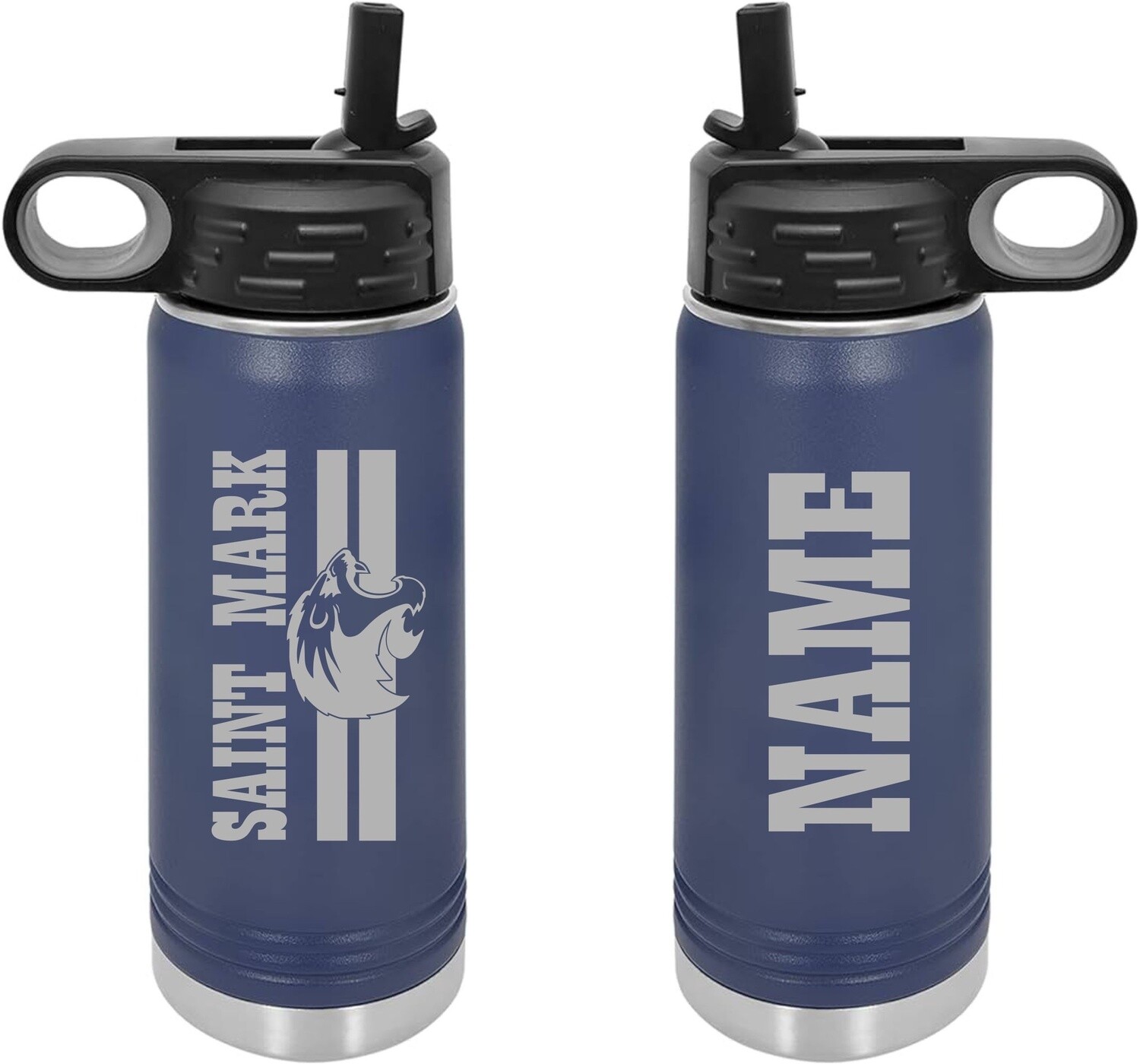 St. Mark 20Oz. Water Bottle - Custom, Colour: Navy, Custom Name Font: PLAYBILL
