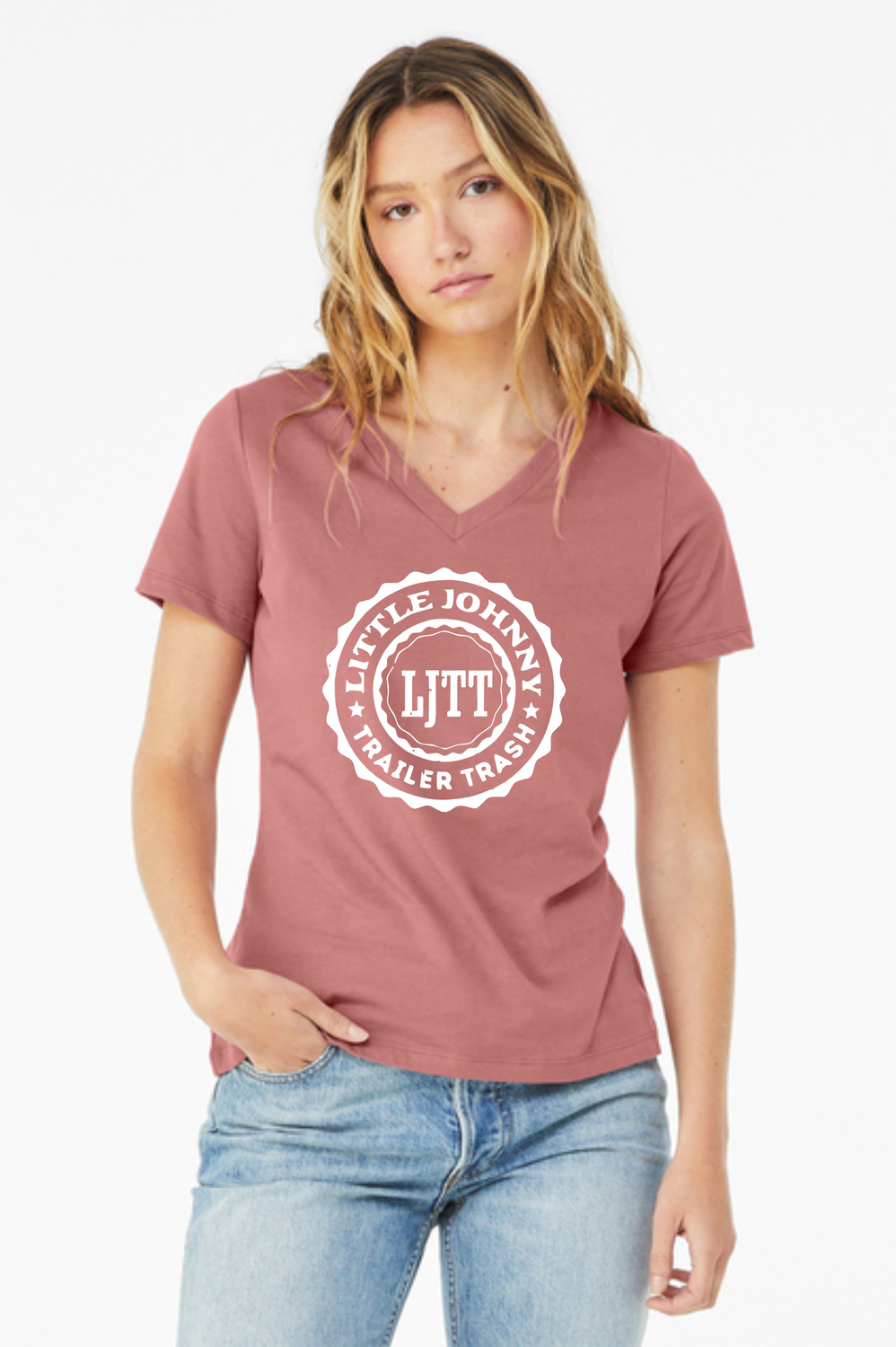 LJTT &quot;Trashy Sassy&quot; Women&#39;s Relaxed V-Neck Tee, Colour: Mauve - BC6405, Size: Small