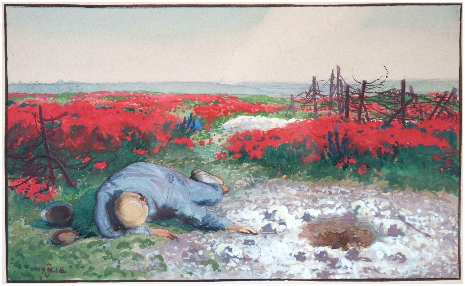 Hänsch, Johannes (1875-1945), Rot blühende Kriegslandschaft mit totem Soldaten, 1918