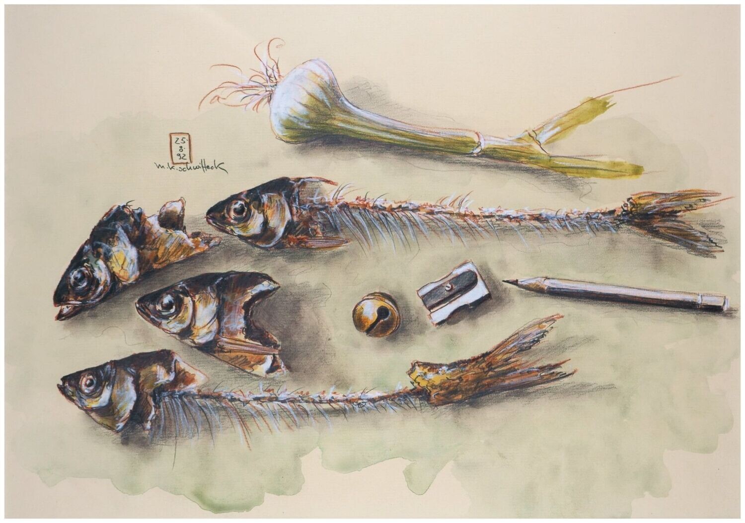 Schwitteck, Manfred K. (*1948), Stillleben mit Fischgräten, Bleistift und Anspitzer, 1992