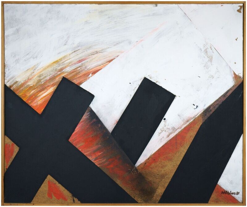 Möbius, Jürgen (*1939 Großenhain), Black form surfaces on red painterly ground, 1981