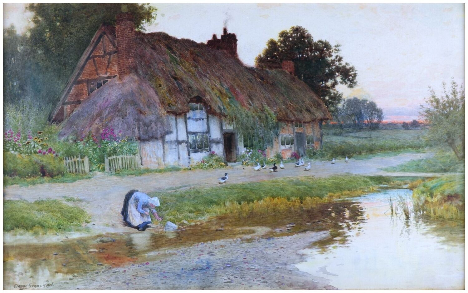 Strachan, Arthur Claude (1865-1954), Evening Cottage Scene