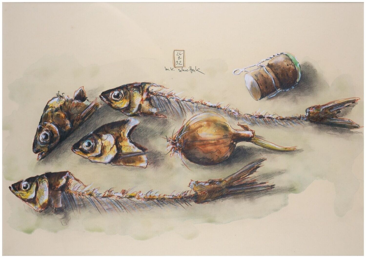 Schwitteck, Manfred K. (*1948), Stillleben mit Fischgräten und Sektkorken, 1992