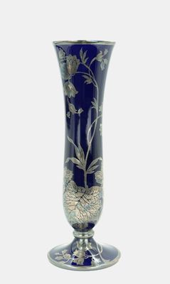 Rosenthal beaker vase with floral silver overlay on blue-black ground, 1938-1956