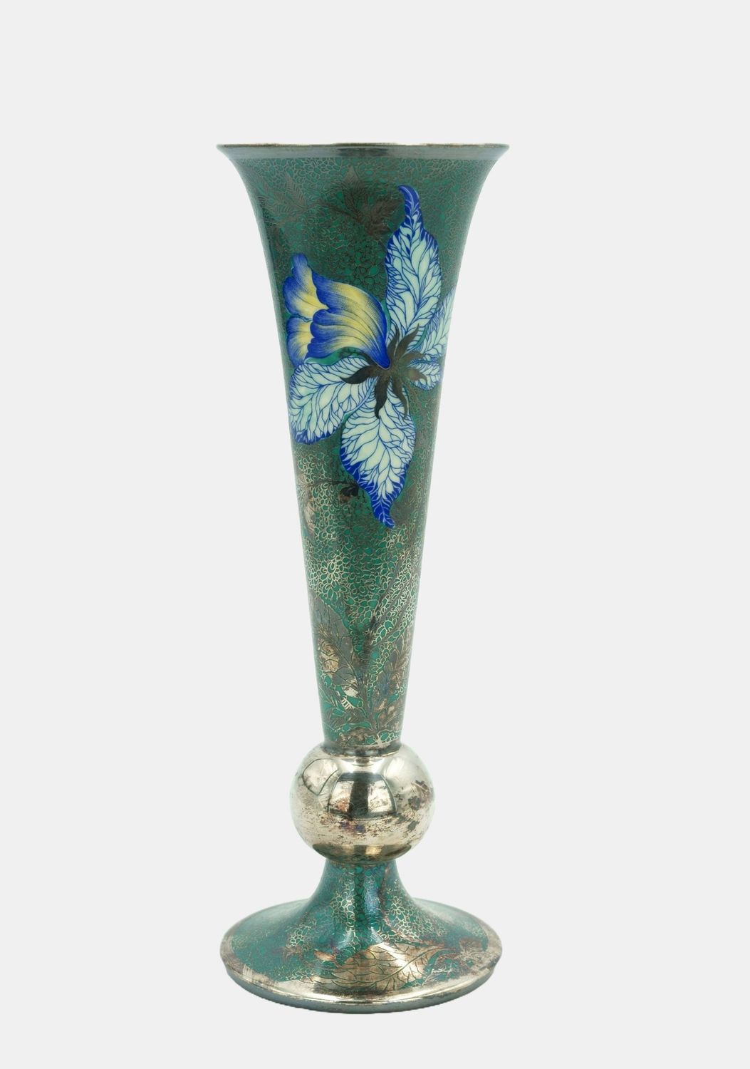 Rosenthal funnel vase with floral silver overlay on a turquoise ground, 1938-1956