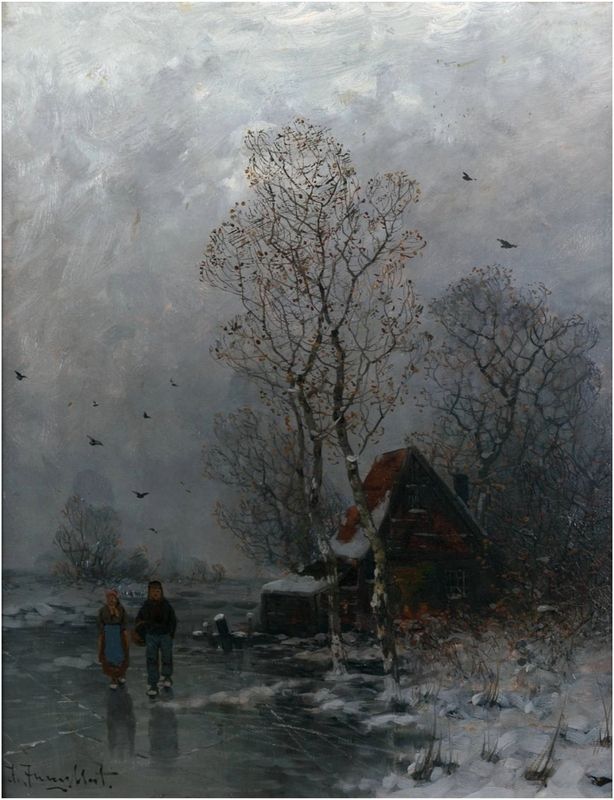 Jungblut, Johann (1860-1912), Winter landscape with frozen river, c. 1900
