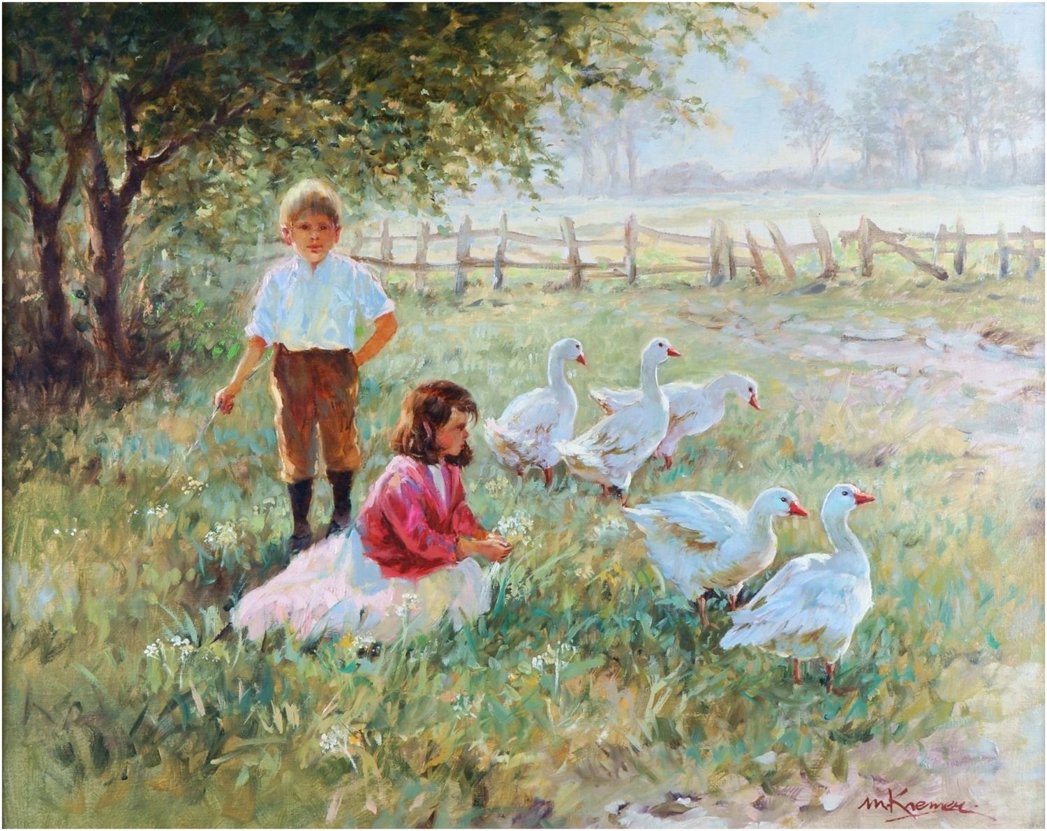 Kremer, Magda (*1942), Kinder mit Gänsen im sommerlichen Abendlicht
