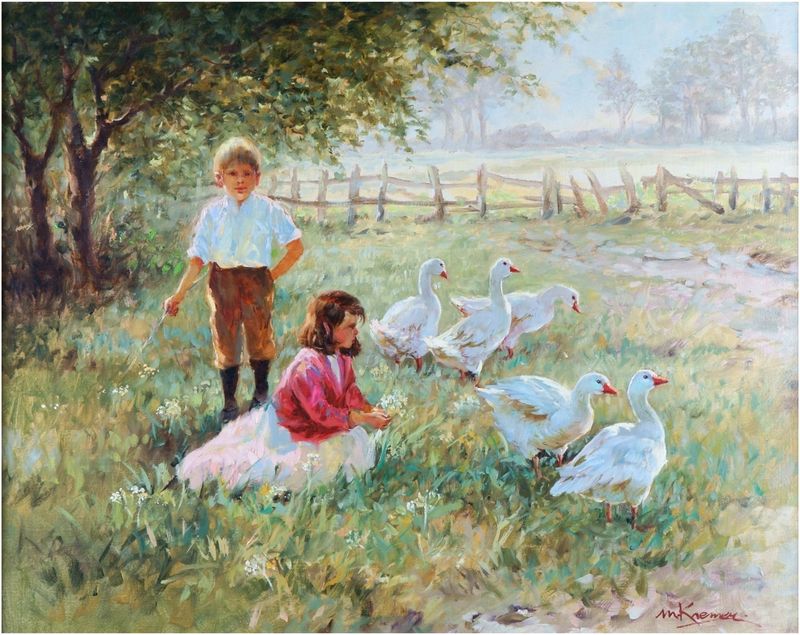 Kremer, Magda (*1942), Kinder mit Gänsen im sommerlichen Abendlicht