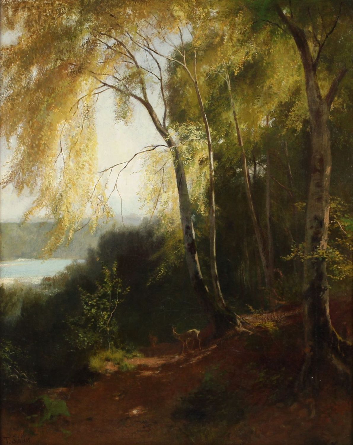 Schiess, Traugott (1834-1869), Sonnige Waldlandschaft mit Rehen