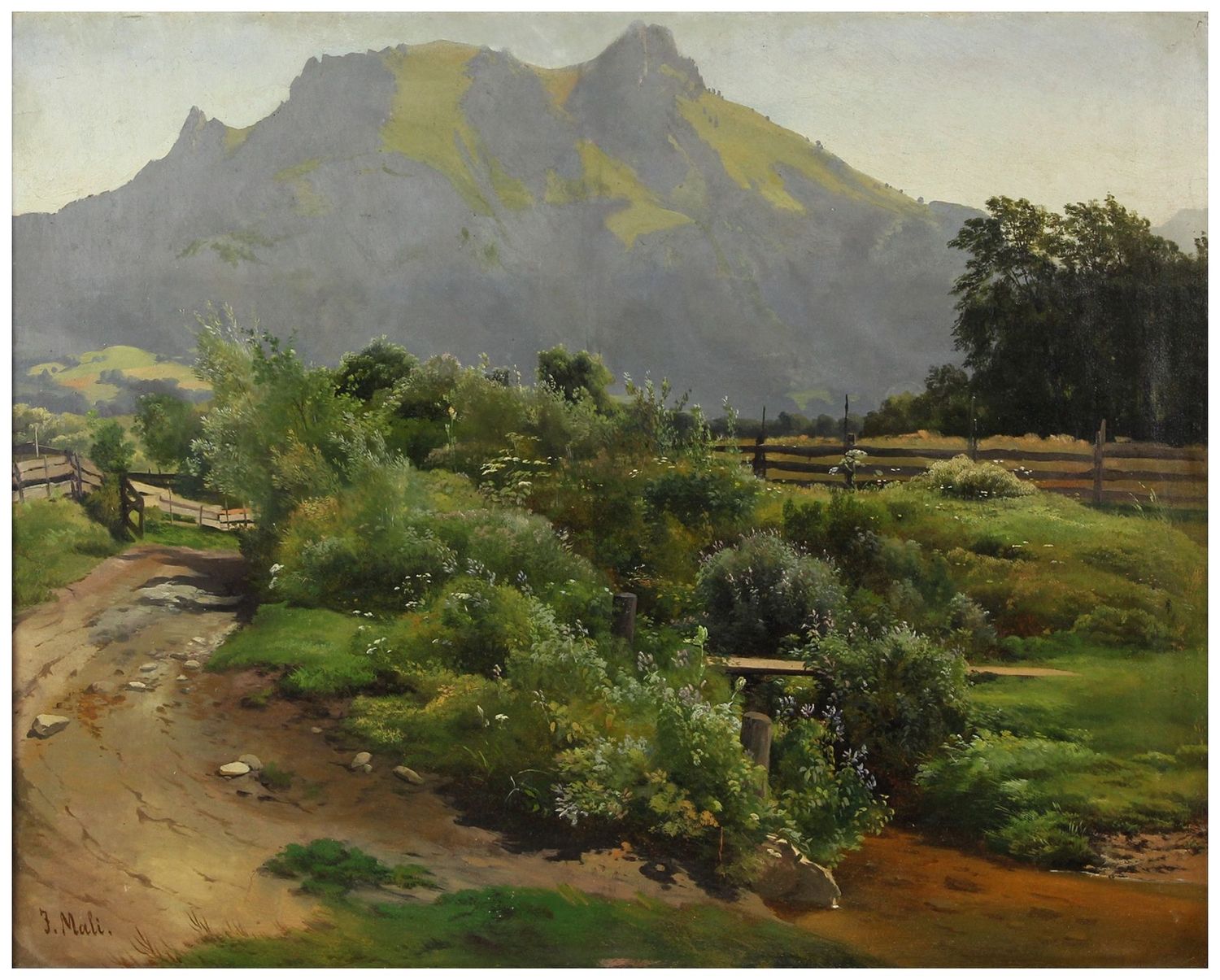 Mali, Jan (1828-1865), Voralpenlandschaft mit blühenden Sträuchern