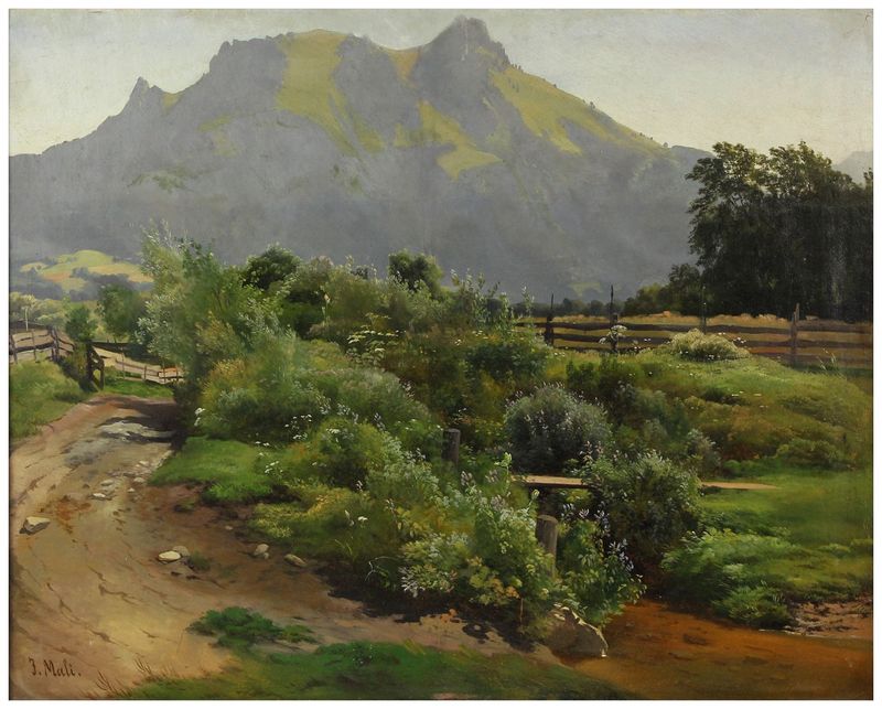 Mali, Jan (1828-1865), Voralpenlandschaft mit blühenden Sträuchern