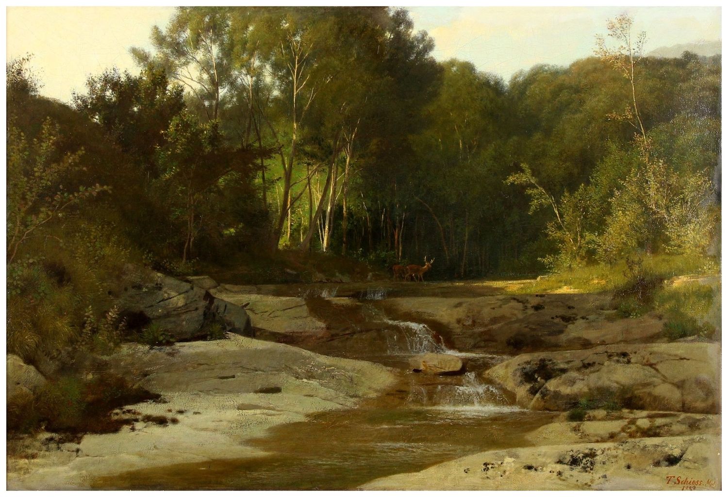Schiess, Traugott (1834-1869), Felsiger Bachlauf in bewaldeter Landschaft mit Rehen