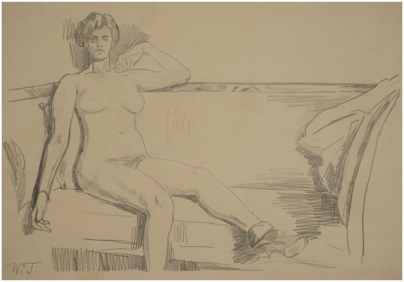 Trübner, Wilhelm (1851-1917), Female Nude Sitting on a Sofa, c. 1900